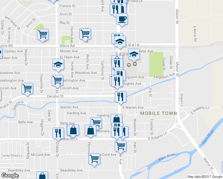 map of restaurants, bars, coffee shops, grocery stores, and more near 107 Washington Avenue in Bakersfield