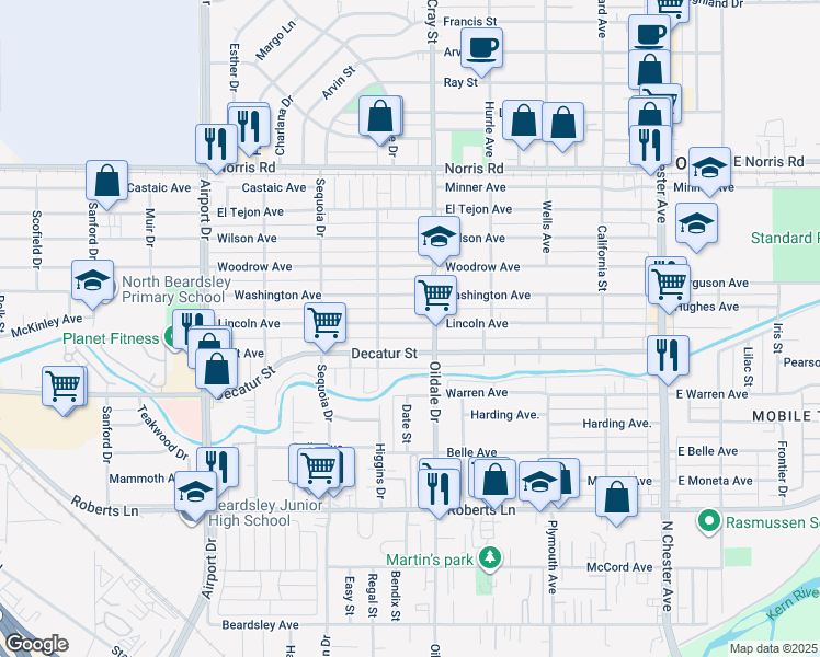 map of restaurants, bars, coffee shops, grocery stores, and more near 508 Lincoln Avenue in Bakersfield