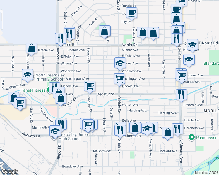 map of restaurants, bars, coffee shops, grocery stores, and more near 508 Lincoln Avenue in Bakersfield