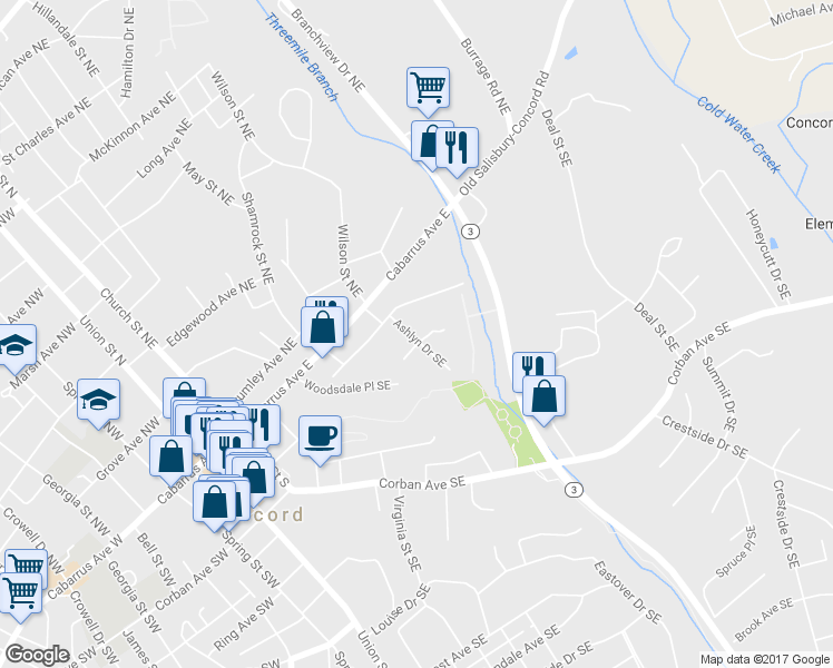 map of restaurants, bars, coffee shops, grocery stores, and more near 57 Ashlyn Drive Southeast in Concord