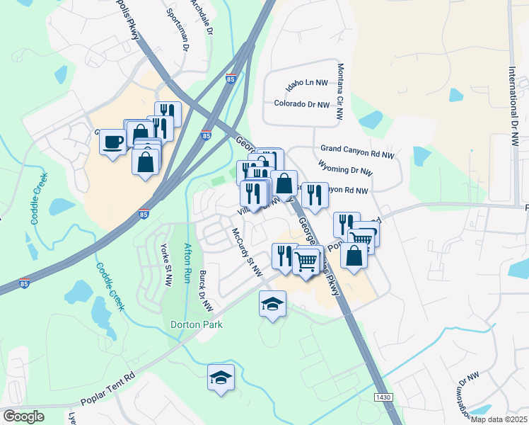 map of restaurants, bars, coffee shops, grocery stores, and more near 355 John Galt Way Northwest in Concord