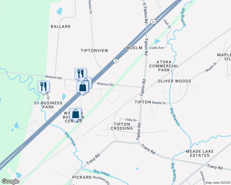 map of restaurants, bars, coffee shops, grocery stores, and more near 212 Watson Road in Atoka