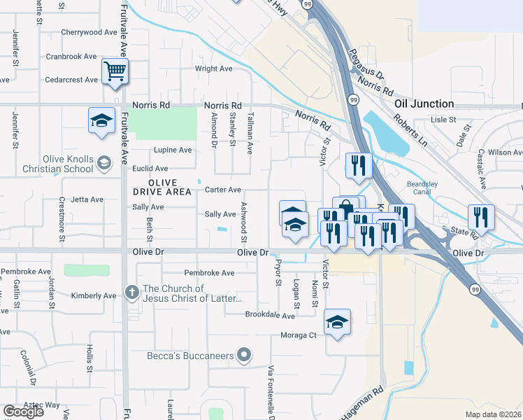 map of restaurants, bars, coffee shops, grocery stores, and more near 6107 Mohawk Street in Bakersfield