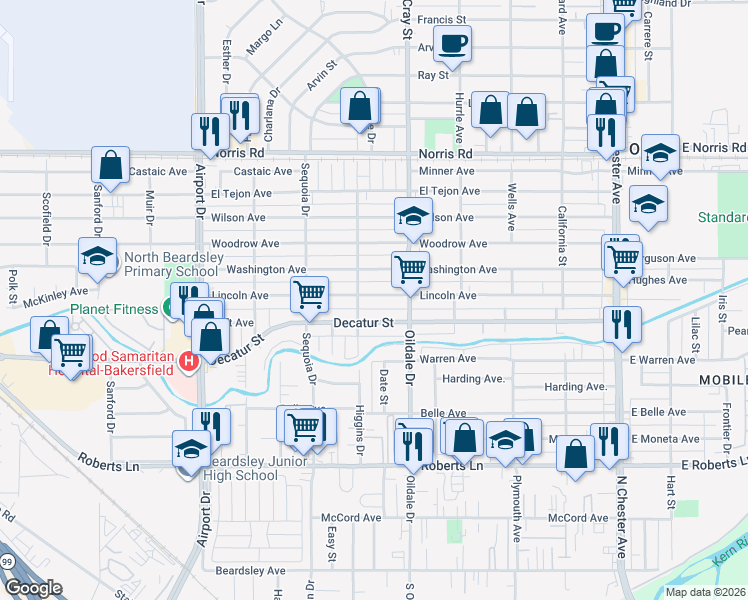 map of restaurants, bars, coffee shops, grocery stores, and more near 517 Lincoln Avenue in Bakersfield