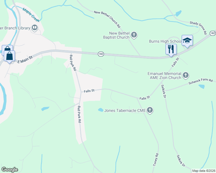 map of restaurants, bars, coffee shops, grocery stores, and more near 123 Falls Street in Lawndale