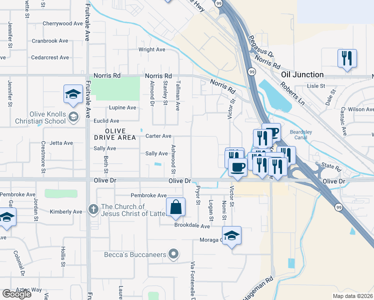 map of restaurants, bars, coffee shops, grocery stores, and more near 6107 Mohawk Street in Bakersfield