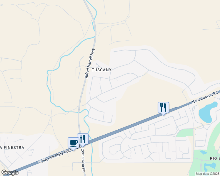 map of restaurants, bars, coffee shops, grocery stores, and more near 6702 Aretino Way in Bakersfield