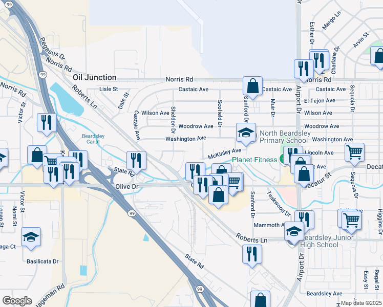 map of restaurants, bars, coffee shops, grocery stores, and more near 815 Arthur Court in Bakersfield
