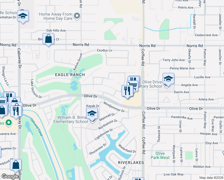 map of restaurants, bars, coffee shops, grocery stores, and more near 8510 Spanish Bay Drive in Bakersfield
