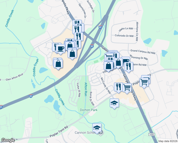 map of restaurants, bars, coffee shops, grocery stores, and more near 418 Beacon Street Northwest in Concord