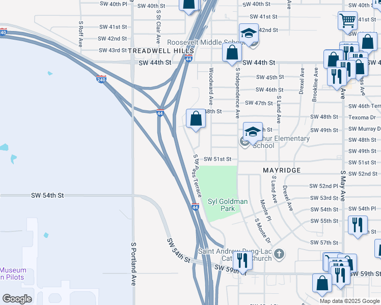 map of restaurants, bars, coffee shops, grocery stores, and more near 5025 South Buddy Lane in Oklahoma City