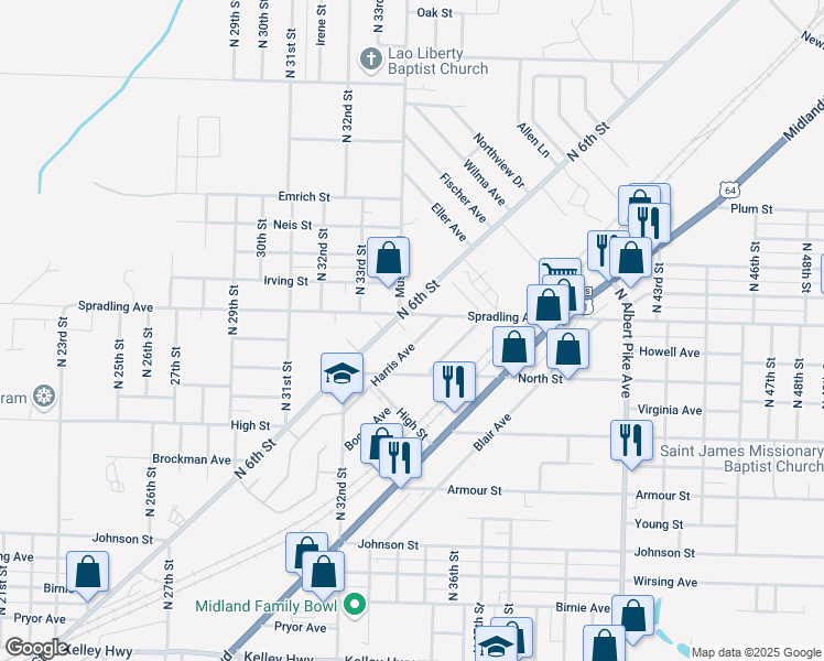 map of restaurants, bars, coffee shops, grocery stores, and more near 3620 North 6th Street in Fort Smith