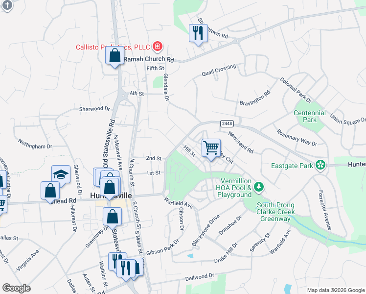 map of restaurants, bars, coffee shops, grocery stores, and more near 14046 Alley Son Street in Huntersville