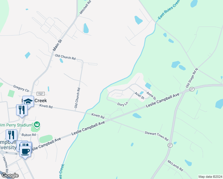 map of restaurants, bars, coffee shops, grocery stores, and more near 424 Anna Street in Lillington