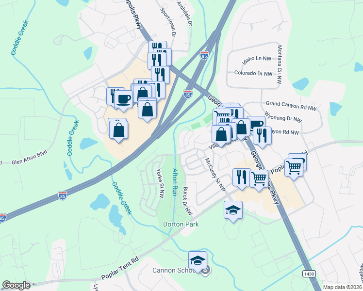 map of restaurants, bars, coffee shops, grocery stores, and more near 418 Beacon Street Northwest in Concord