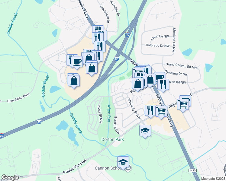 map of restaurants, bars, coffee shops, grocery stores, and more near 418 Beacon Street Northwest in Concord