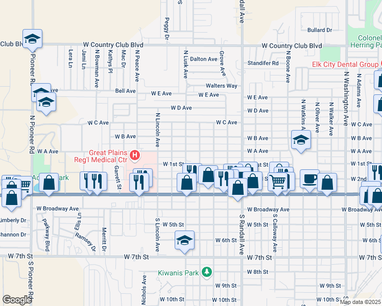 map of restaurants, bars, coffee shops, grocery stores, and more near 1415 West A Avenue in Elk City