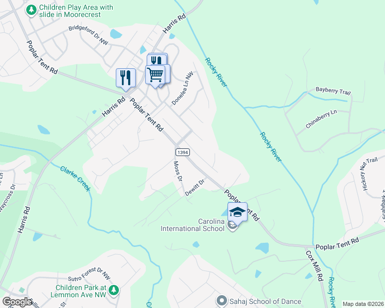 map of restaurants, bars, coffee shops, grocery stores, and more near 9839 Shearwater Avenue Northwest in Concord