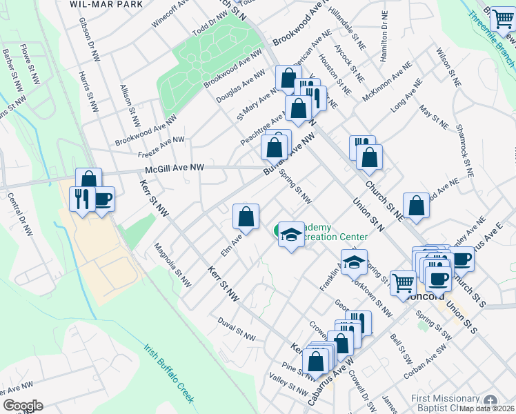 map of restaurants, bars, coffee shops, grocery stores, and more near 140 Elm Avenue Northwest in Concord