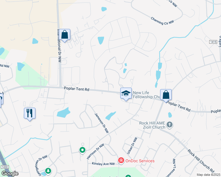 map of restaurants, bars, coffee shops, grocery stores, and more near 4150 Poplar Tent Road in Concord
