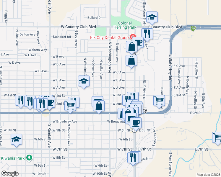 map of restaurants, bars, coffee shops, grocery stores, and more near 512 North Washington Avenue in Elk City