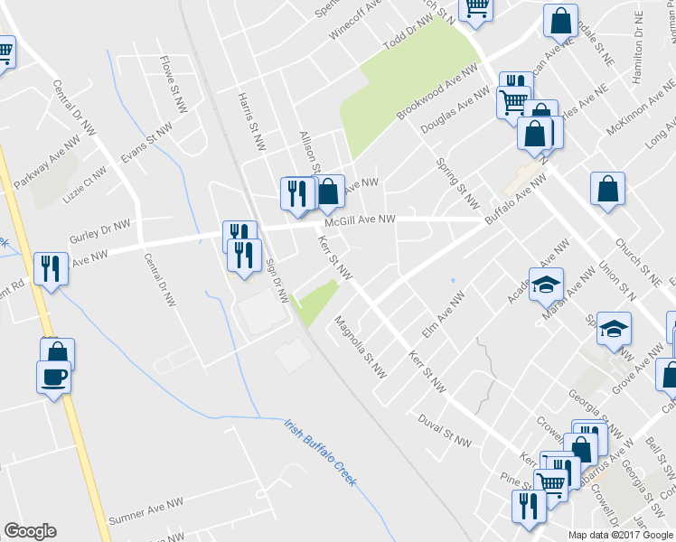 map of restaurants, bars, coffee shops, grocery stores, and more near 389 Kerr Street Northwest in Concord