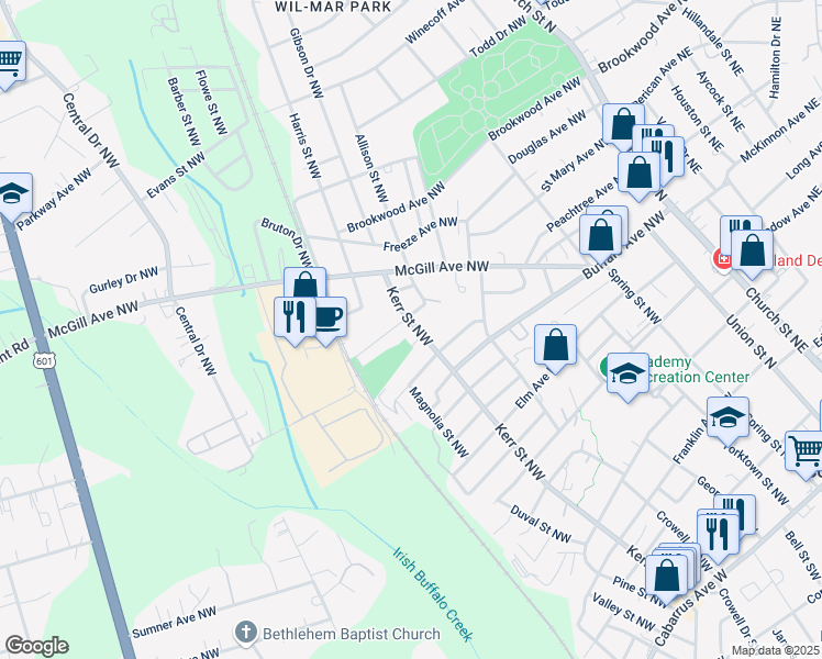 map of restaurants, bars, coffee shops, grocery stores, and more near 389 Kerr Street Northwest in Concord