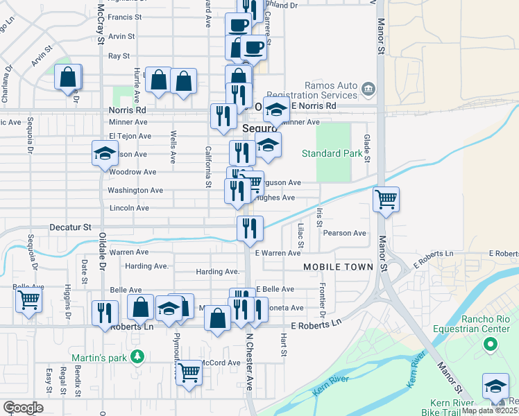 map of restaurants, bars, coffee shops, grocery stores, and more near 105 Hughes Avenue in Bakersfield