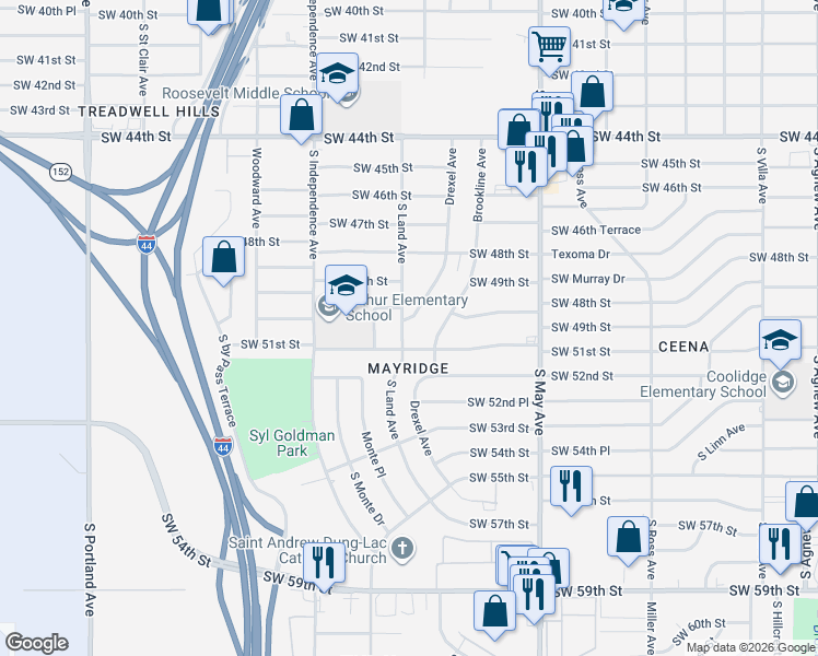 map of restaurants, bars, coffee shops, grocery stores, and more near 5020 Drexel Avenue in Oklahoma City