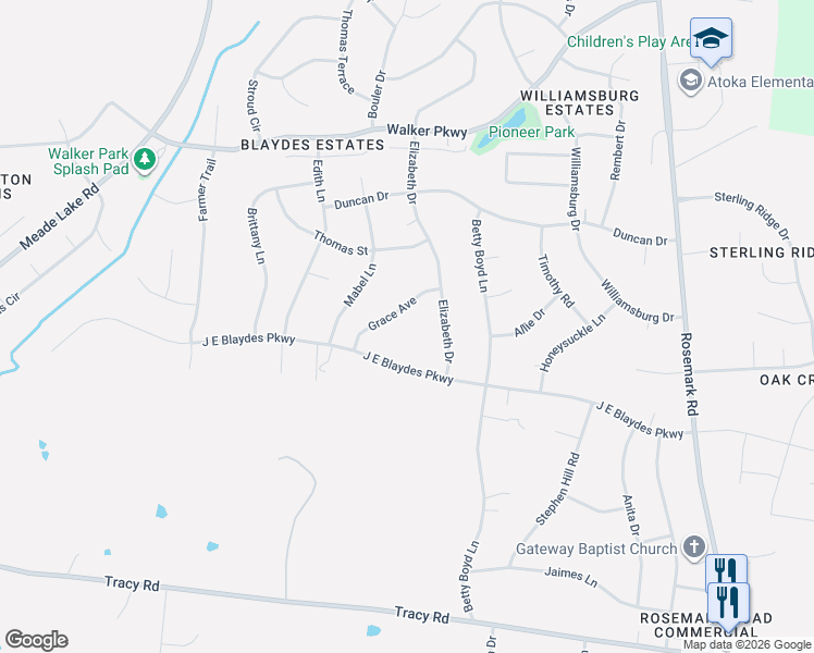 map of restaurants, bars, coffee shops, grocery stores, and more near 117 Grace Avenue in Atoka