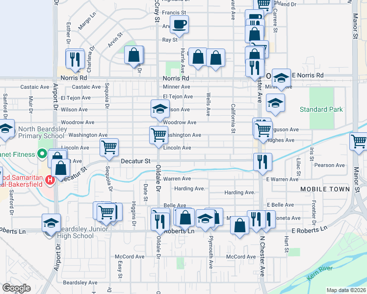 map of restaurants, bars, coffee shops, grocery stores, and more near 904 Hurrle Avenue in Bakersfield