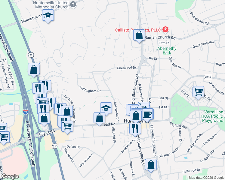 map of restaurants, bars, coffee shops, grocery stores, and more near 104 Sherwood Drive in Huntersville