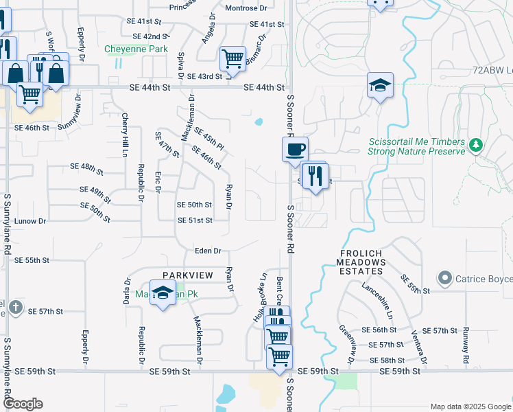 map of restaurants, bars, coffee shops, grocery stores, and more near 5029 Burntwood Drive in Oklahoma City