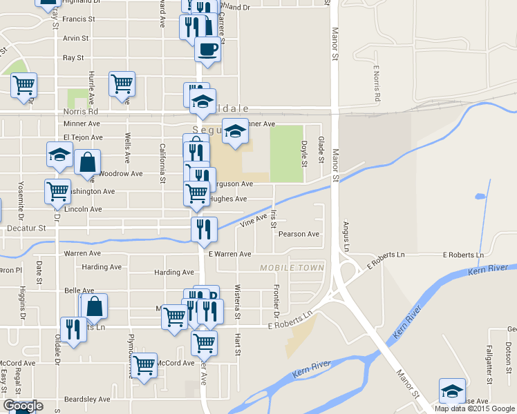 map of restaurants, bars, coffee shops, grocery stores, and more near 213 Hughes Avenue in Bakersfield
