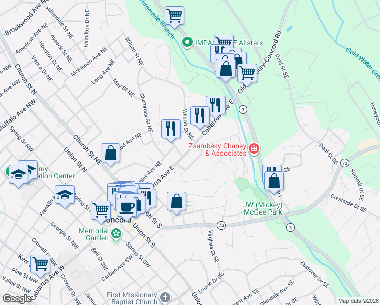 map of restaurants, bars, coffee shops, grocery stores, and more near 194 Cabarrus Avenue East in Concord