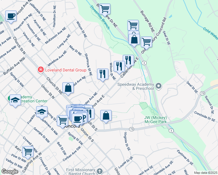map of restaurants, bars, coffee shops, grocery stores, and more near 15 Reed Street Northeast in Concord