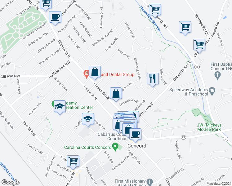 map of restaurants, bars, coffee shops, grocery stores, and more near 4 Edgewood Circle Northeast in Concord