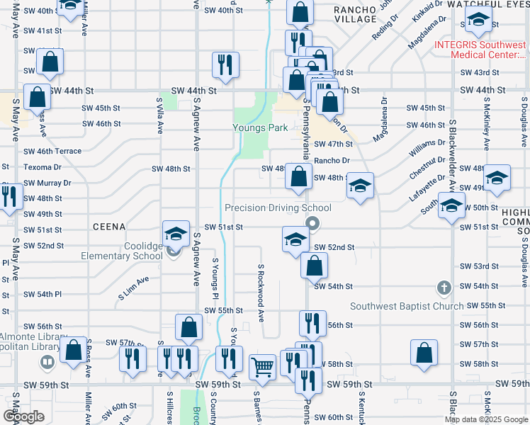 map of restaurants, bars, coffee shops, grocery stores, and more near 2217 Southwest 50th Street in Oklahoma City