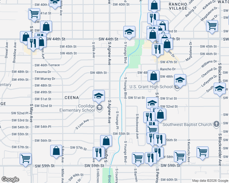 map of restaurants, bars, coffee shops, grocery stores, and more near 2337 Southwest 50th Street in Oklahoma City