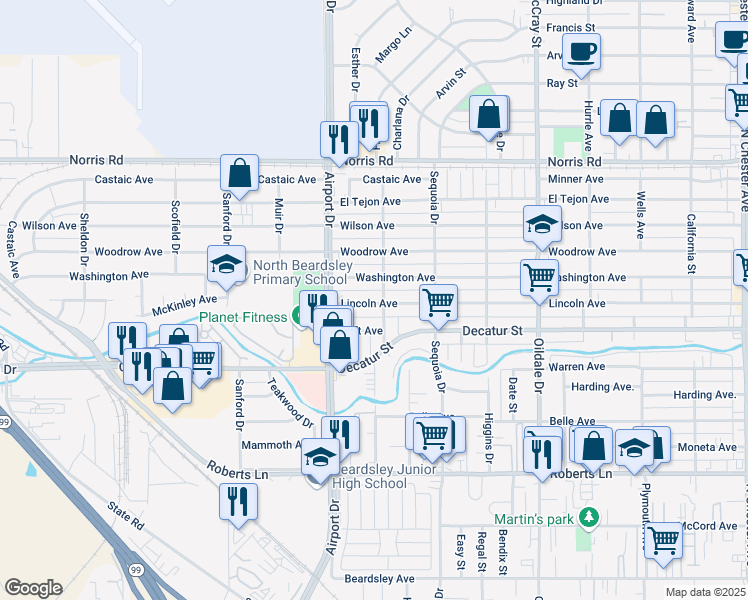map of restaurants, bars, coffee shops, grocery stores, and more near 802 Lincoln Avenue in Bakersfield