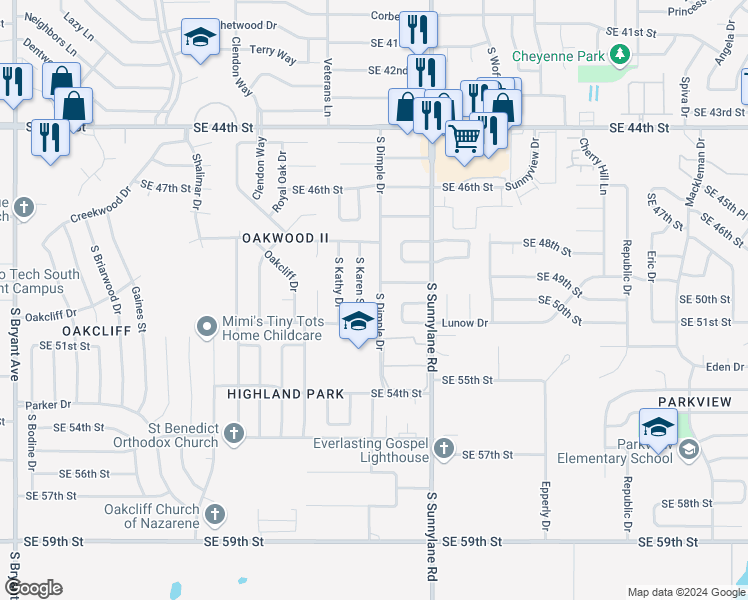 map of restaurants, bars, coffee shops, grocery stores, and more near 5013 South Dimple Drive in Oklahoma City