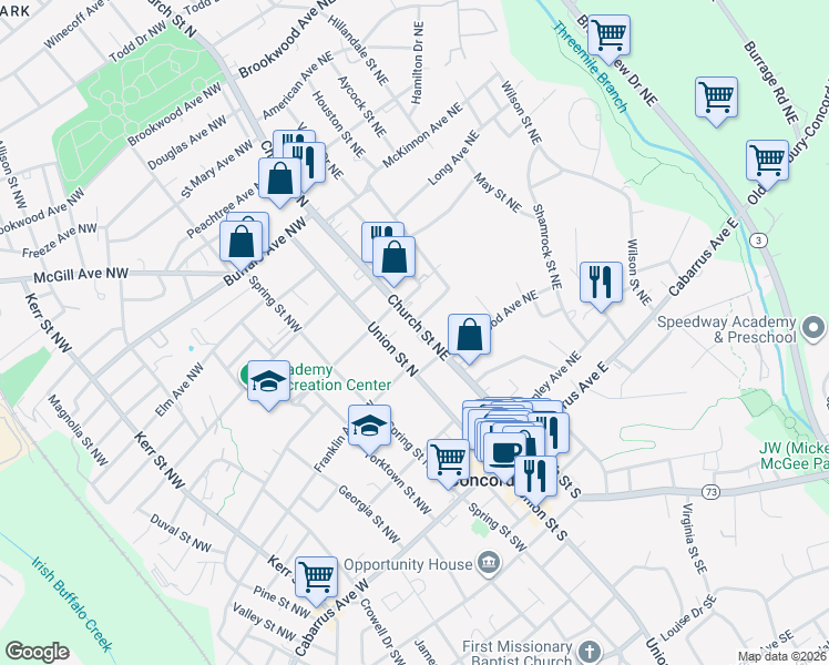 map of restaurants, bars, coffee shops, grocery stores, and more near 135 Church Street Northeast in Concord