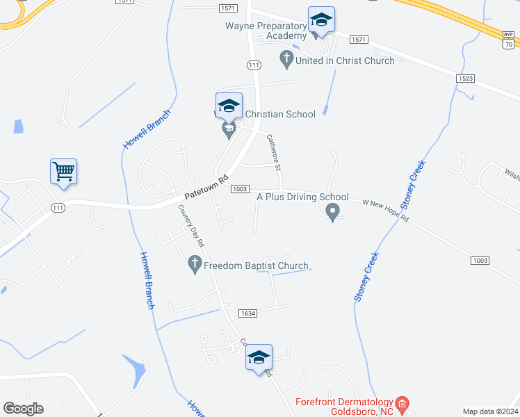 map of restaurants, bars, coffee shops, grocery stores, and more near 108 Somervale Lane in Goldsboro