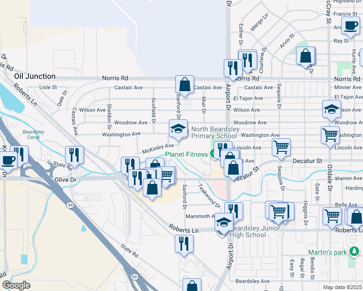 map of restaurants, bars, coffee shops, grocery stores, and more near 900 Sanford Drive in Bakersfield