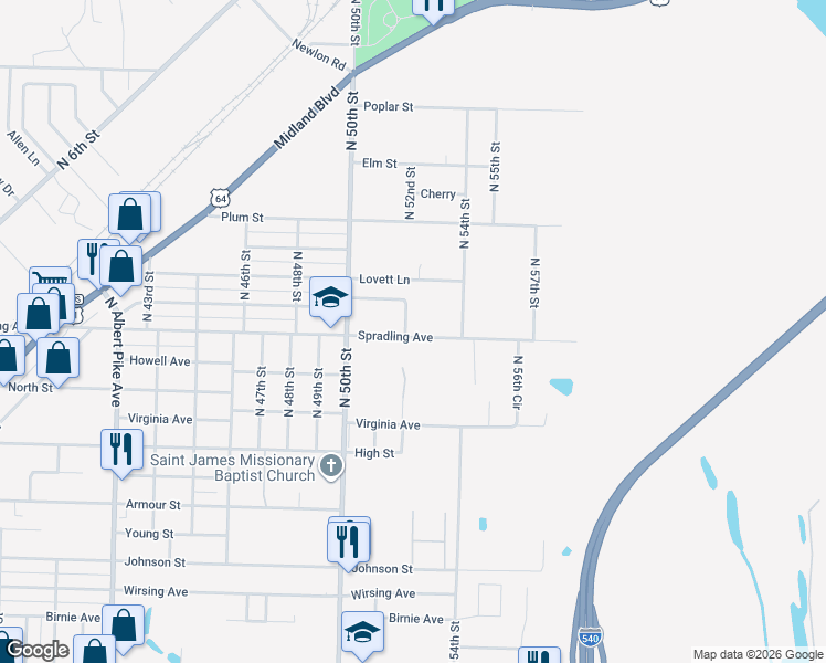 map of restaurants, bars, coffee shops, grocery stores, and more near 5219 Spradling Avenue in Fort Smith