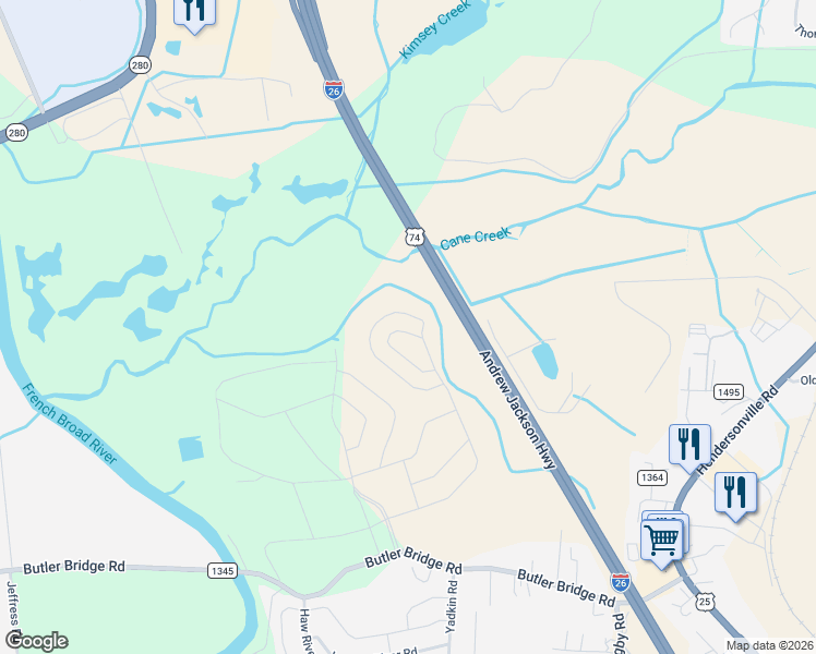 map of restaurants, bars, coffee shops, grocery stores, and more near Interstate 26 in Fletcher