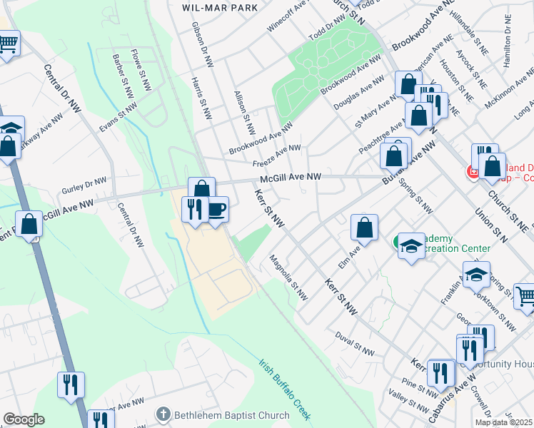 map of restaurants, bars, coffee shops, grocery stores, and more near 405 Kerr Street Northwest in Concord