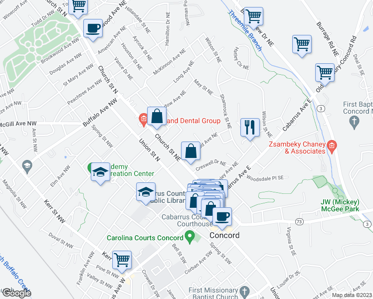 map of restaurants, bars, coffee shops, grocery stores, and more near 51 Edgewood Avenue Northeast in Concord