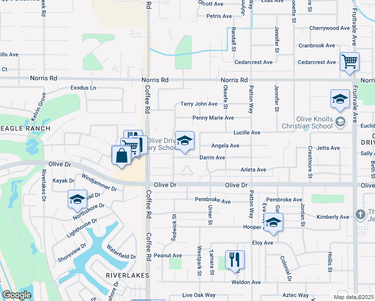 map of restaurants, bars, coffee shops, grocery stores, and more near 7800 Darrin Avenue in Bakersfield