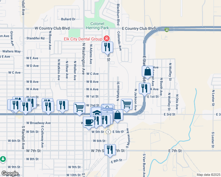 map of restaurants, bars, coffee shops, grocery stores, and more near 509 North Main Street in Elk City